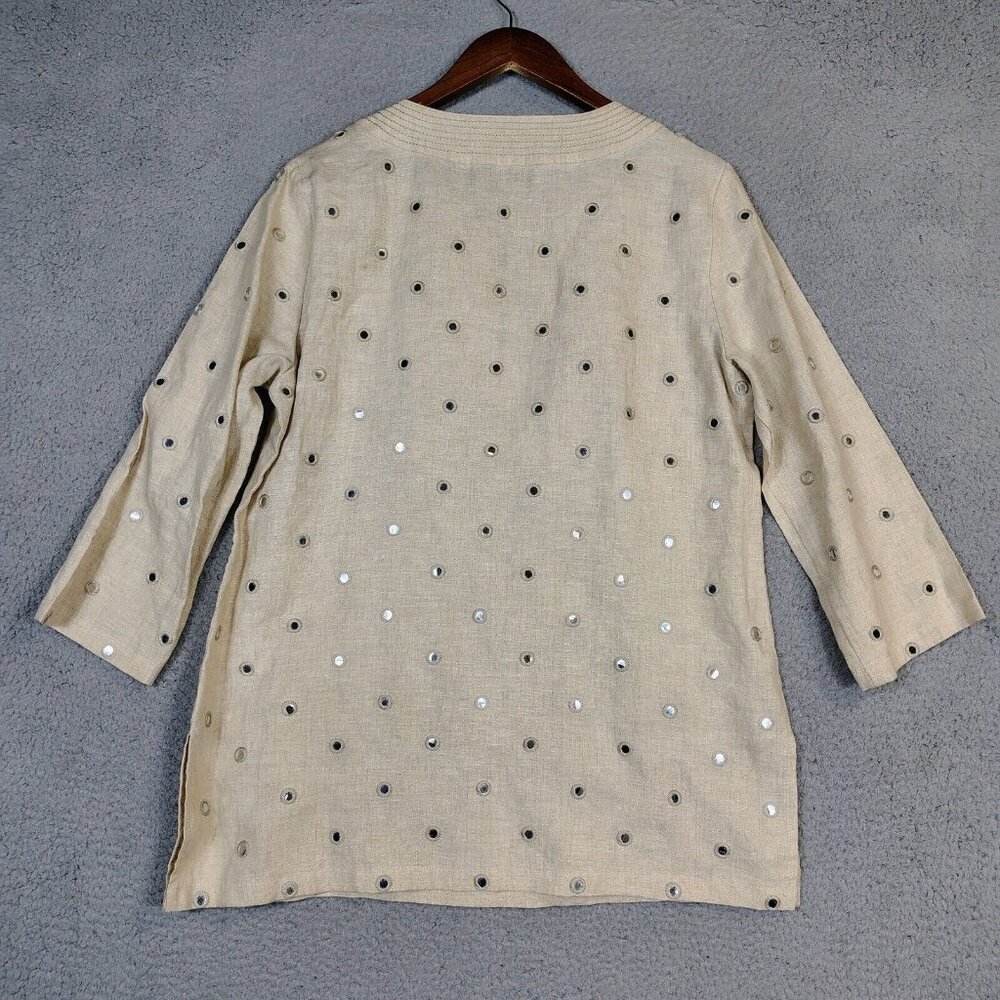 Michael Kors Top Women's Large Tan 100% Linen Sequence Mirror Work Tunic Coastal - Picture 2 of 12